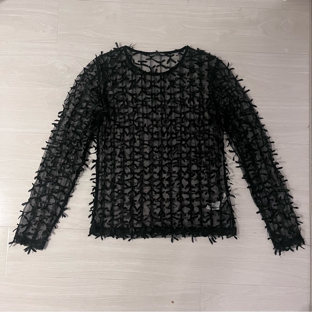 ZARA Sheer Bow Mesh Long Sleeve Crew Neck Layering Top in Size M HOLIDAY PARTY - Picture 3 of 6